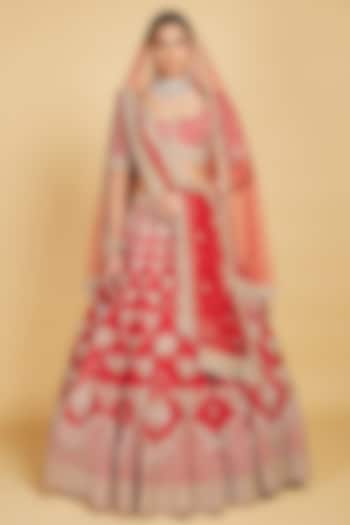 Red Raw Silk Hand Embroidered Lehenga Set by AMRIN KHAN