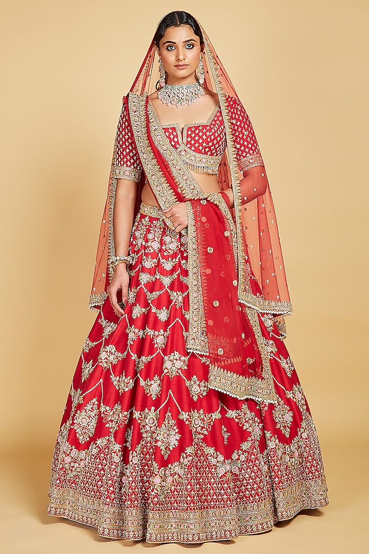 Red Raw Silk Hand Embroidered Lehenga Set by AMRIN KHAN