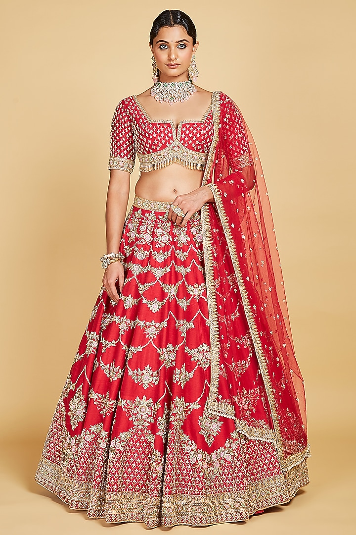 Red Raw Silk Hand Embroidered Bridal Lehenga Set by AMRIN KHAN at Pernia's Pop Up Shop