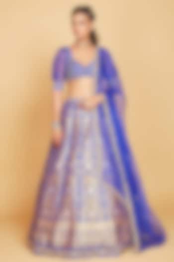 Royal Blue Banarasi Silk Floral Printed Lehenga Set by AMRIN KHAN