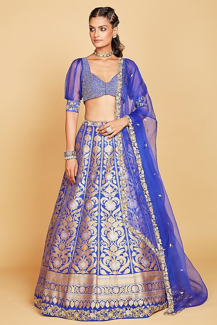 Royal Blue Banarasi Silk Floral Printed Lehenga Set by AMRIN KHAN