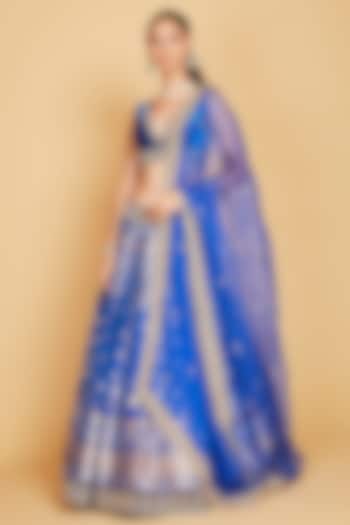Blue Banarasi Silk Embroidered Lehenga Set by AMRIN KHAN
