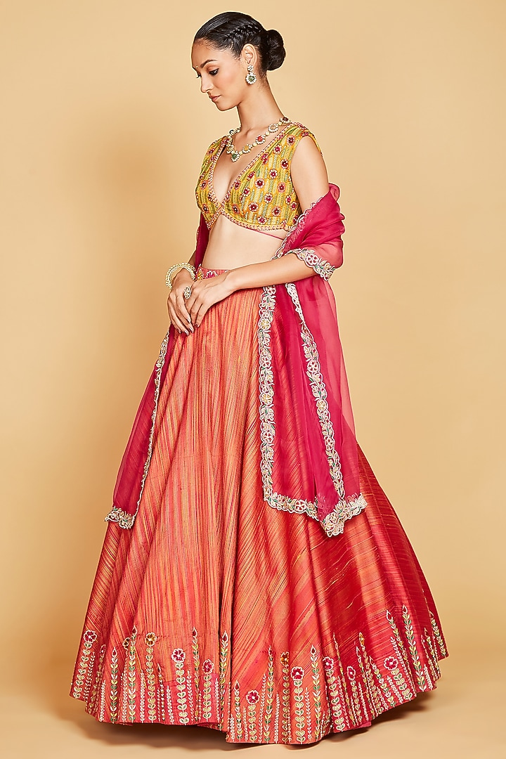 Rani Raw Silk Embroidered Wedding Lehenga Set by AMRIN KHAN at Pernia's Pop Up Shop