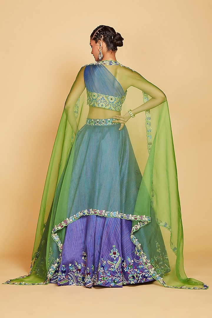 Blue Raw Silk Hand Embroidered Wedding Lehenga Set by AMRIN KHAN at Pernia's Pop Up Shop