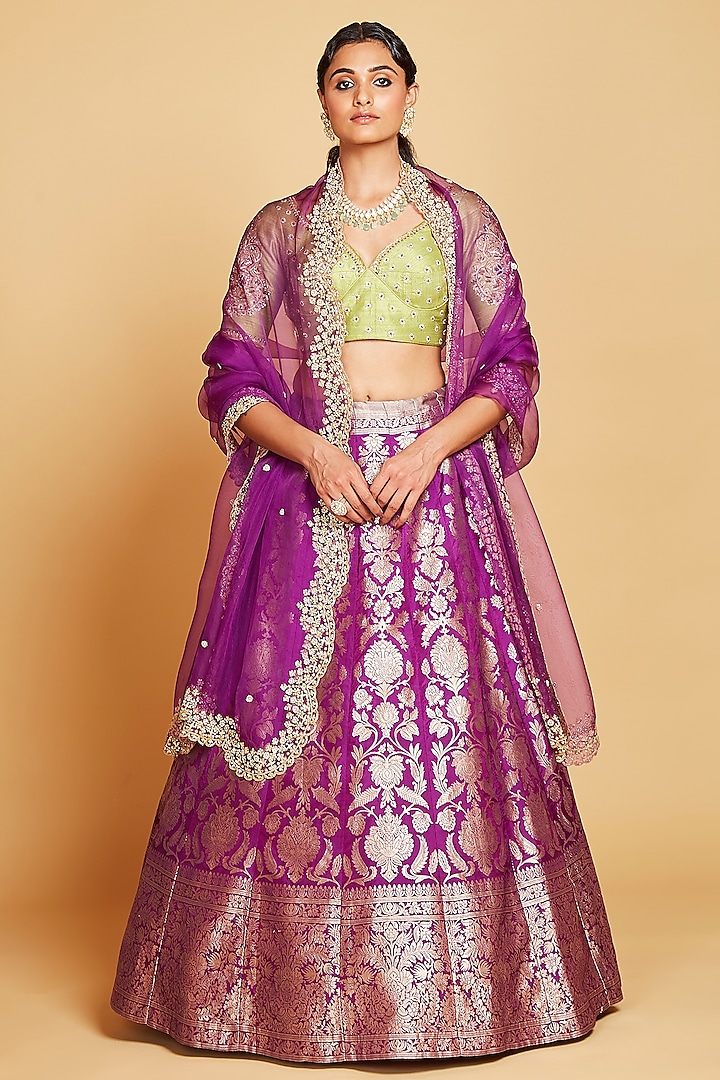 Purple Banarasi Silk Lehenga Set by AMRIN KHAN