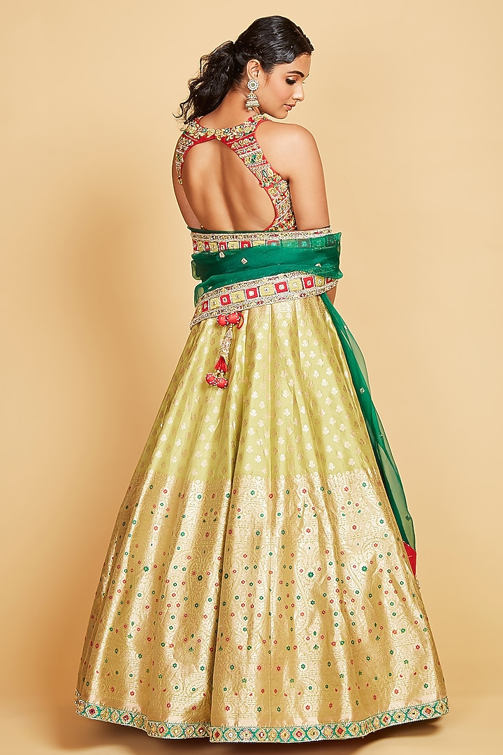 Light Green Banarasi Silk Embellished Wedding Lehenga Set by AMRIN KHAN at Pernia's Pop Up Shop