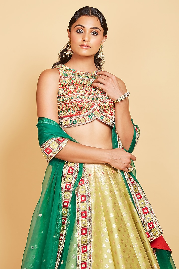 Light Green Banarasi Silk Embellished Wedding Lehenga Set by AMRIN KHAN at Pernia's Pop Up Shop