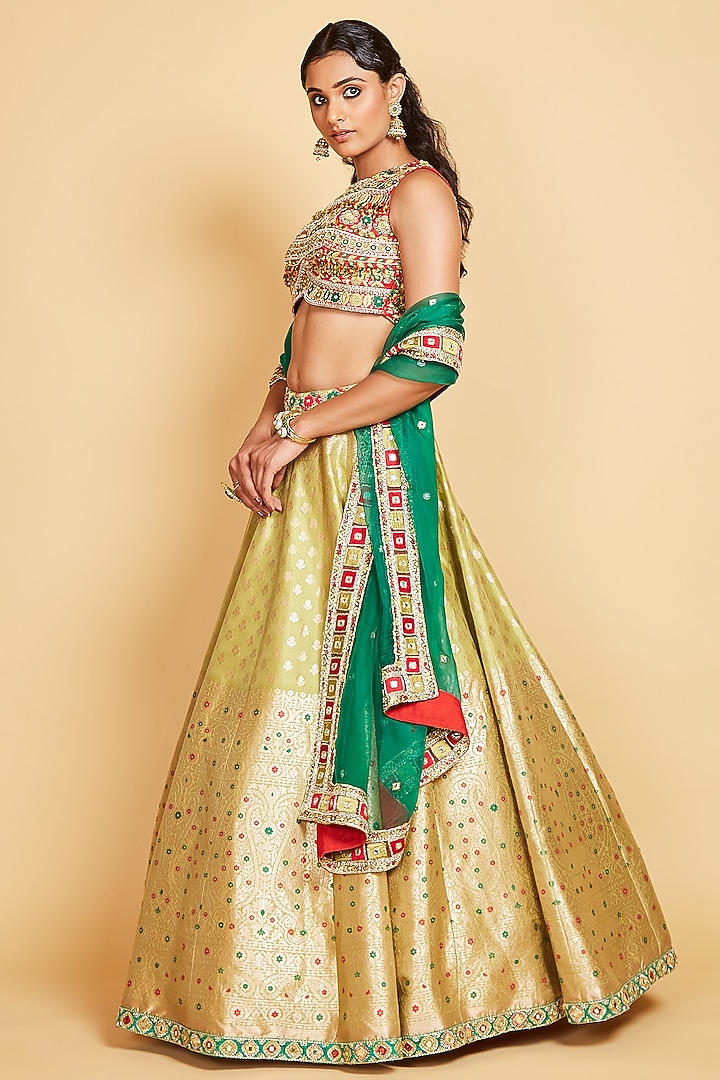Light Green Banarasi Silk Embellished Wedding Lehenga Set by AMRIN KHAN at Pernia's Pop Up Shop