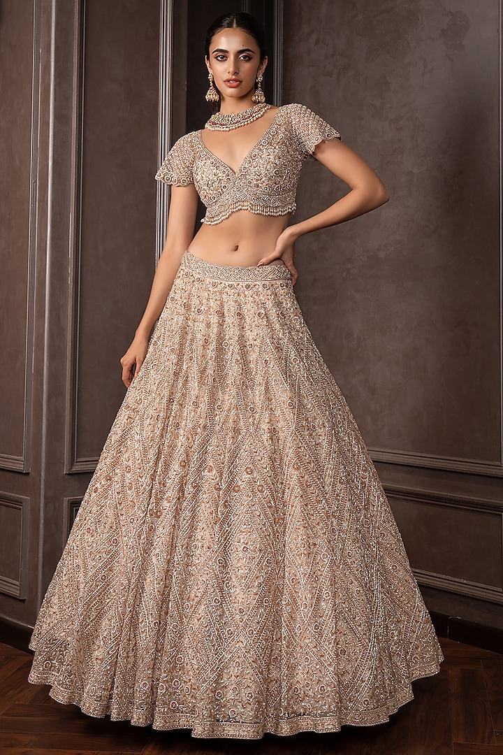 Rose Gold Organza Cutdana Embroidered Bridal Lehenga Set by AMRIN KHAN at Pernia's Pop Up Shop