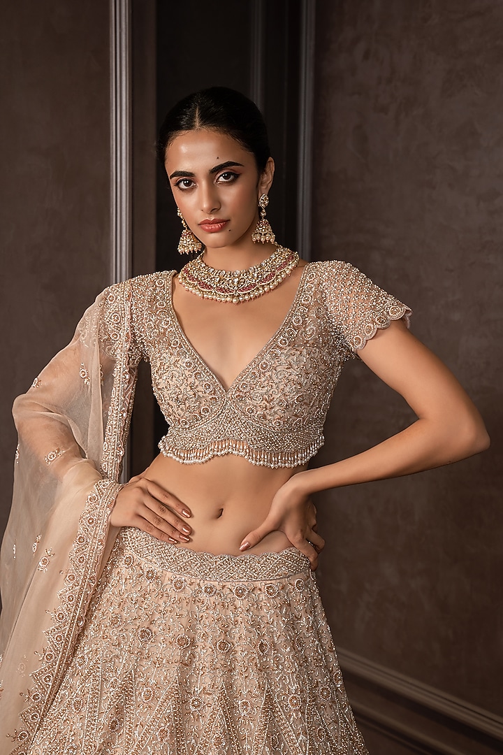 Rose Gold Organza Cutdana Embroidered Bridal Lehenga Set by AMRIN KHAN at Pernia's Pop Up Shop