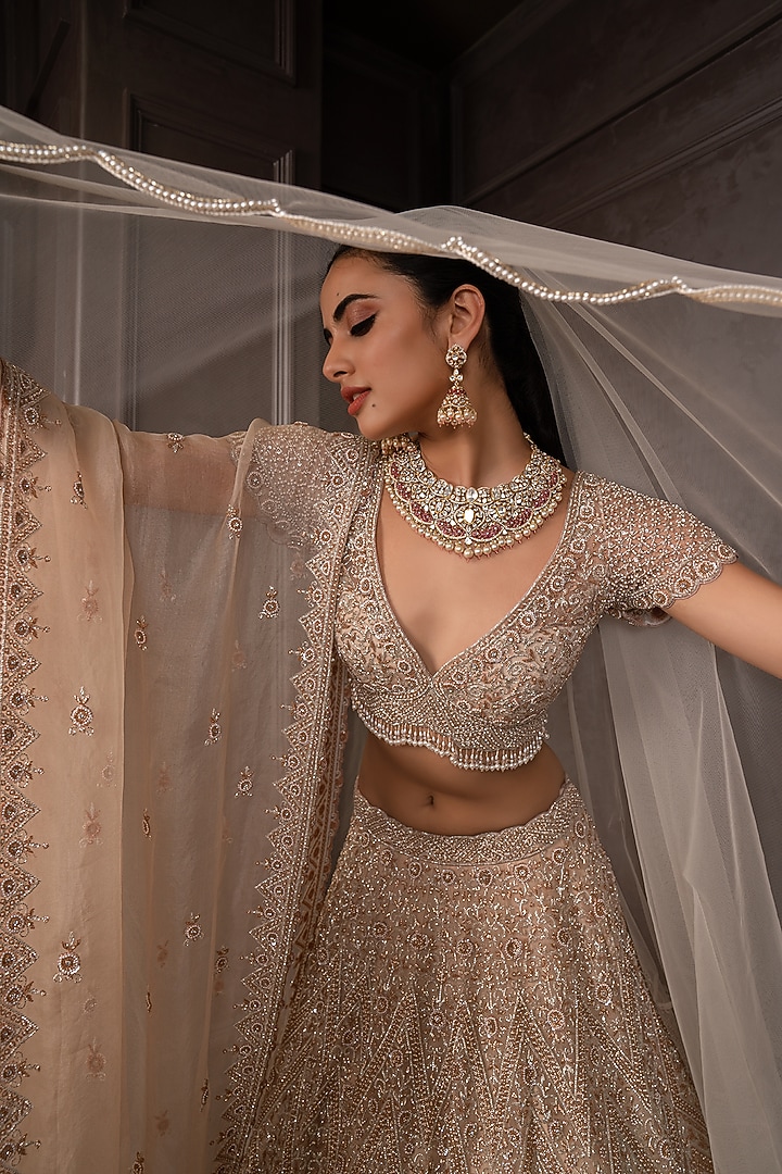 Rose Gold Organza Cutdana Embroidered Bridal Lehenga Set by AMRIN KHAN at Pernia's Pop Up Shop