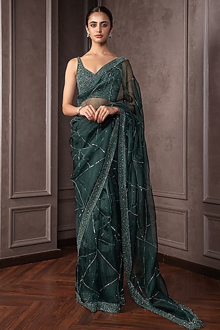 Emerald Green Organza Cutdana Embroidered Saree Set by AMRIN KHAN