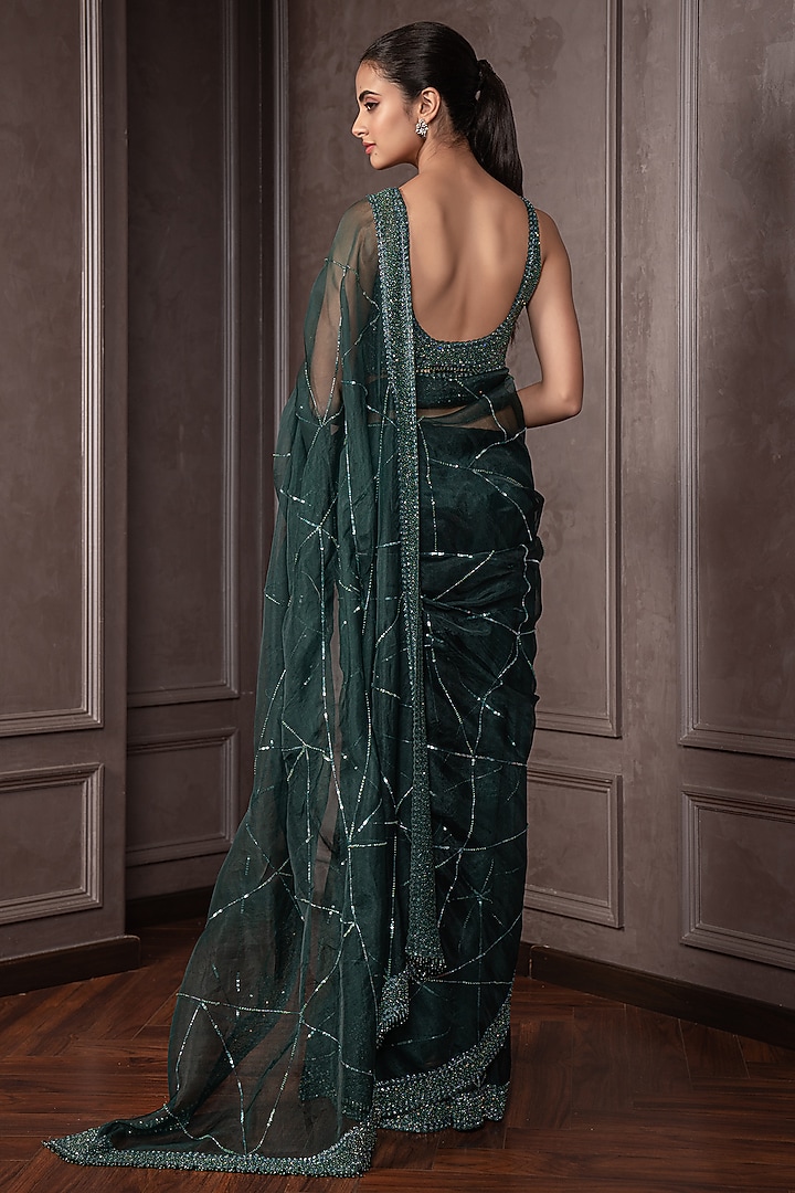 Emerald Green Organza Cutdana Embroidered Reception Saree Set by AMRIN KHAN at Pernia's Pop Up Shop