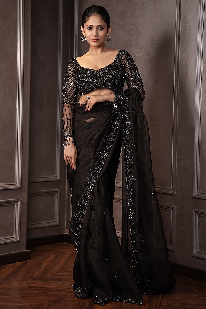 Black Organza Cutdana Work Reception Saree Set by AMRIN KHAN at Pernia's Pop Up Shop