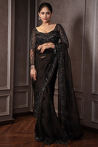 Black Organza Cutdana Work Saree Set by AMRIN KHAN