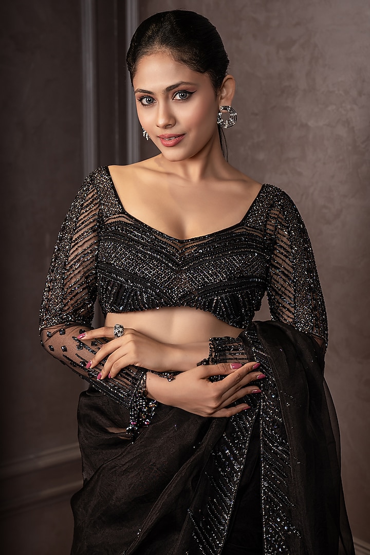 Black Organza Cutdana Work Reception Saree Set by AMRIN KHAN at Pernia's Pop Up Shop