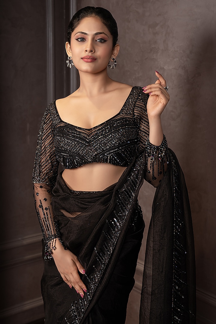 Black Organza Cutdana Work Reception Saree Set by AMRIN KHAN at Pernia's Pop Up Shop