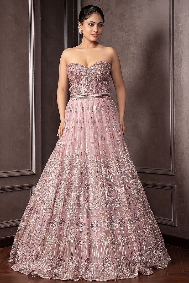 Nude Lavender Organza Cutdana Embroidered Corset Wedding Gown by AMRIN KHAN at Pernia's Pop Up Shop