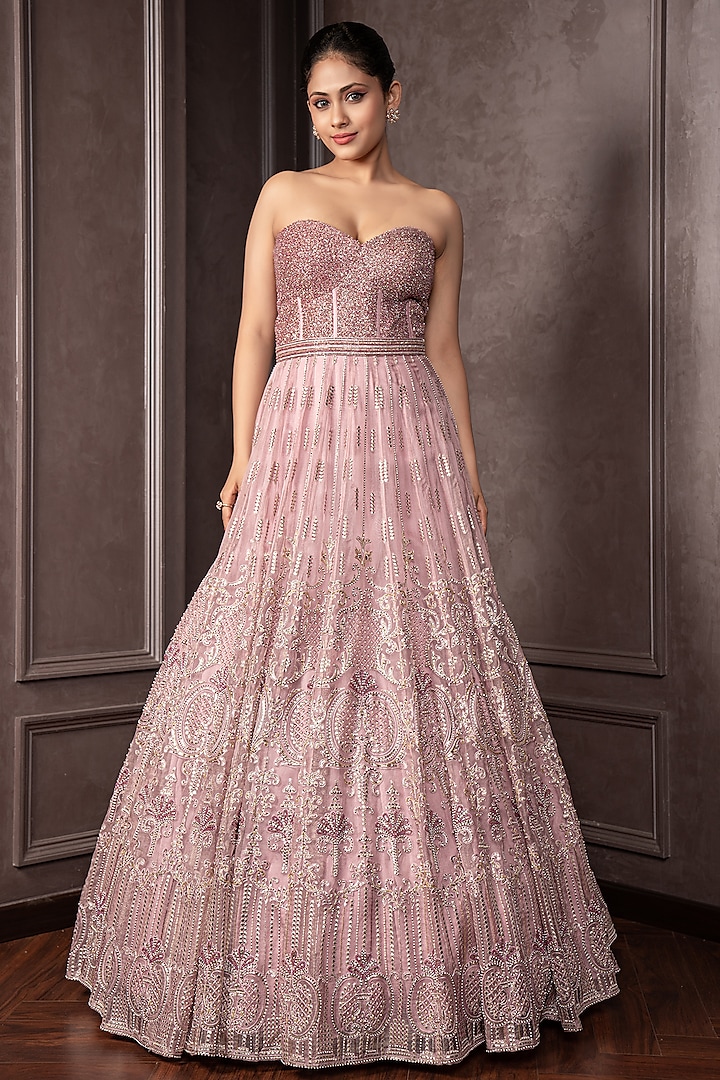Nude Lavender Organza Cutdana Embroidered Corset Wedding Gown by AMRIN KHAN at Pernia's Pop Up Shop