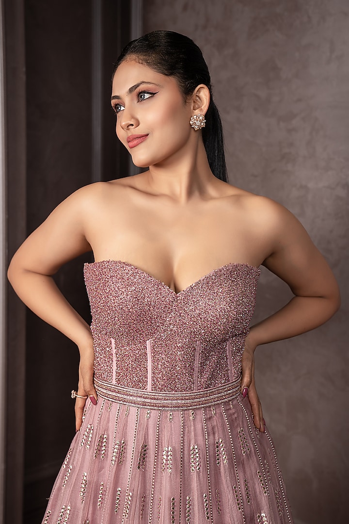 Nude Lavender Organza Cutdana Embroidered Corset Wedding Gown by AMRIN KHAN at Pernia's Pop Up Shop