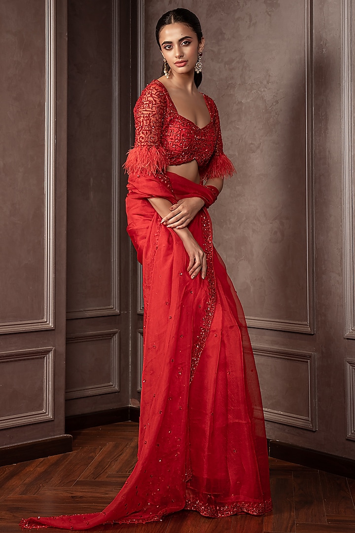Rose Red Organza Cutdana Embroidered Wedding Saree Set by AMRIN KHAN at Pernia's Pop Up Shop