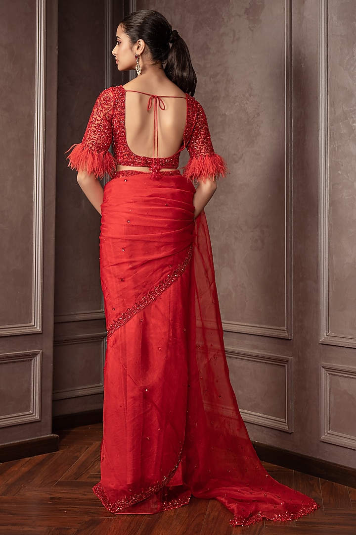 Rose Red Organza Cutdana Embroidered Wedding Saree Set by AMRIN KHAN at Pernia's Pop Up Shop