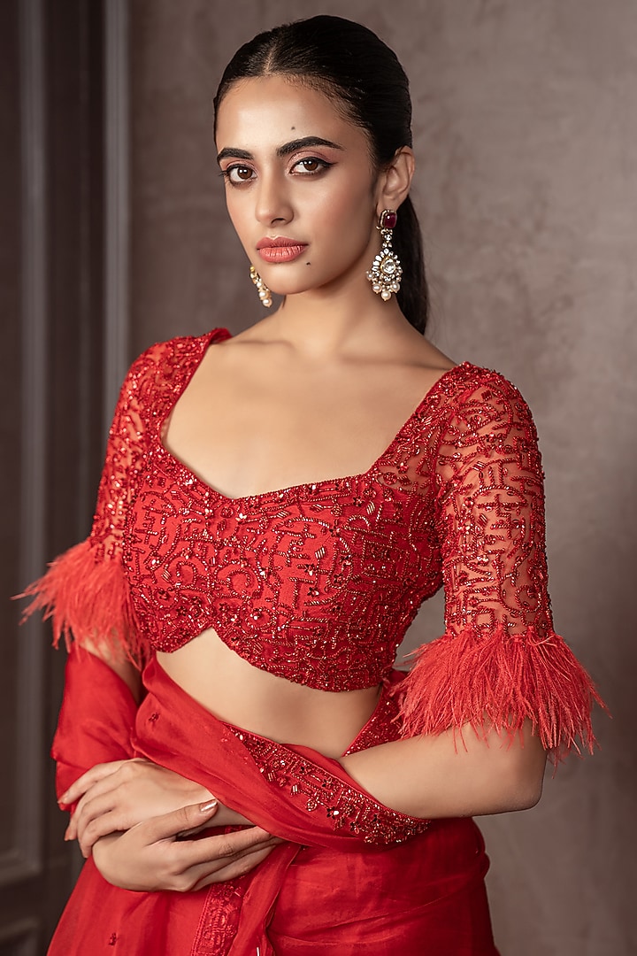 Rose Red Organza Cutdana Embroidered Wedding Saree Set by AMRIN KHAN at Pernia's Pop Up Shop