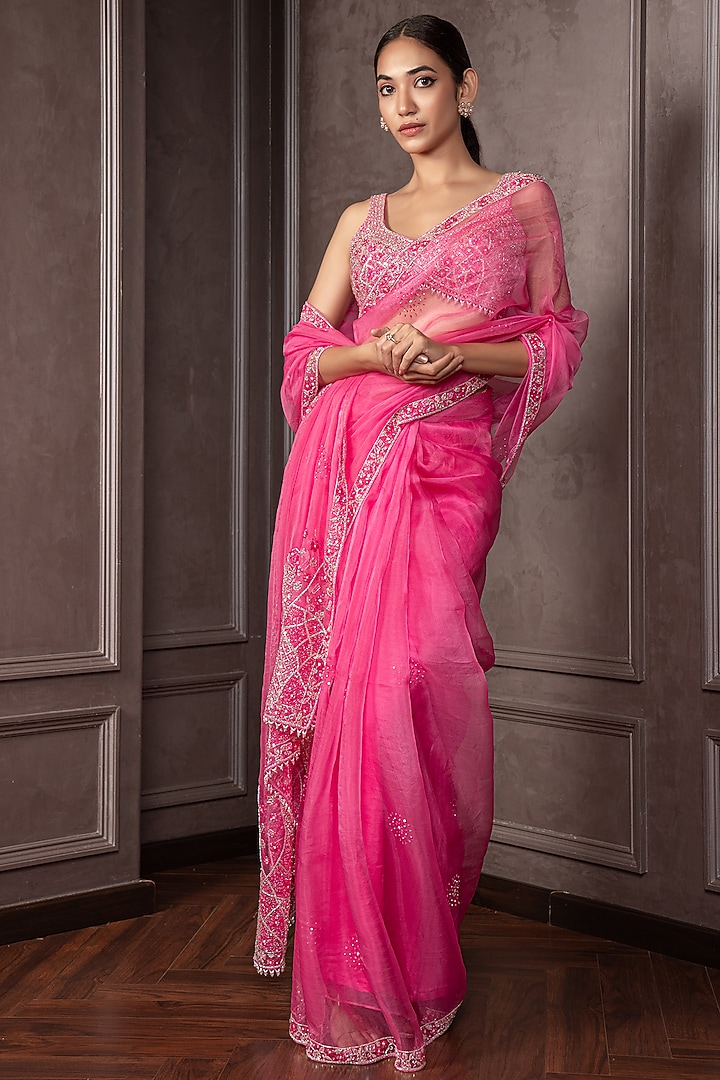 Hot Pink Organza Cutdana Embroidered Wedding Saree Set by AMRIN KHAN at Pernia's Pop Up Shop
