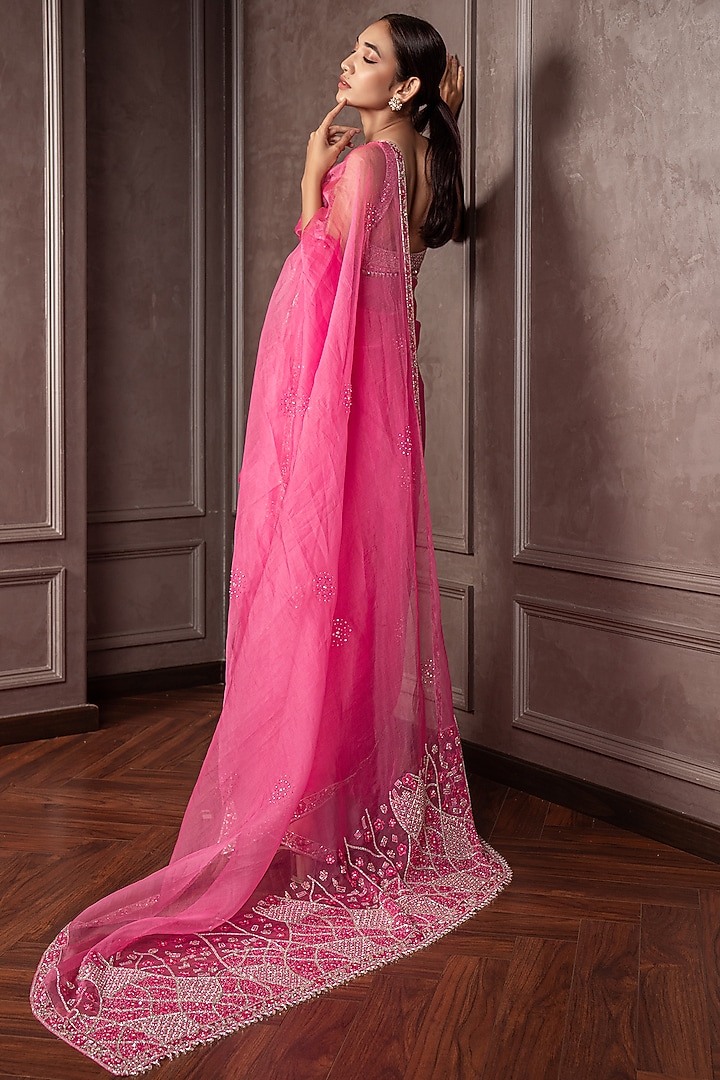 Hot Pink Organza Cutdana Embroidered Wedding Saree Set by AMRIN KHAN at Pernia's Pop Up Shop