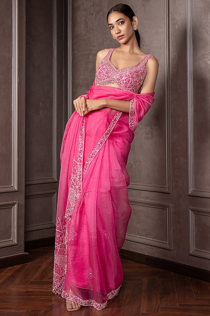 Hot Pink Organza Cutdana Embroidered Wedding Saree Set by AMRIN KHAN at Pernia's Pop Up Shop