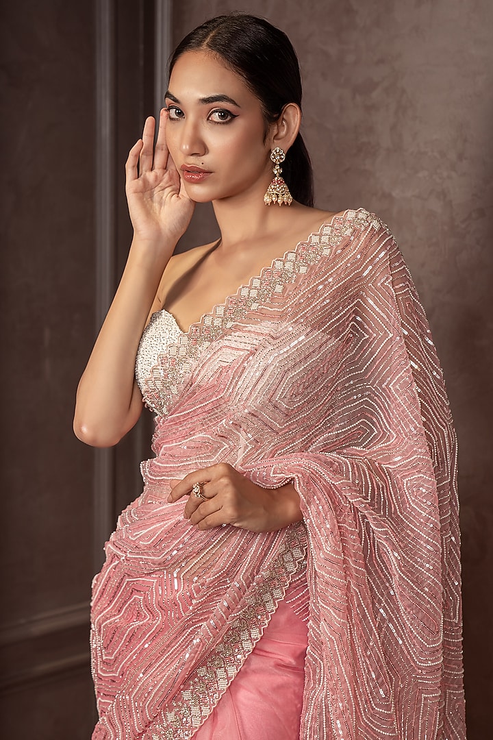 Pink Organza Cutdana Embroidered Reception Saree Set by AMRIN KHAN at Pernia's Pop Up Shop