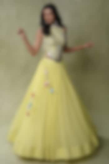 Bright Lemon Yellow Raw Silk Tasseled Flared Wedding Lehenga Set by AMRIN KHAN at Pernia's Pop Up Shop