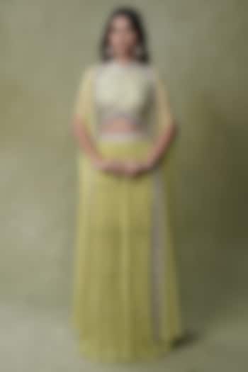 Lemon Yellow Raw Silk Cape Tiered Wedding Lehenga Set by AMRIN KHAN at Pernia's Pop Up Shop