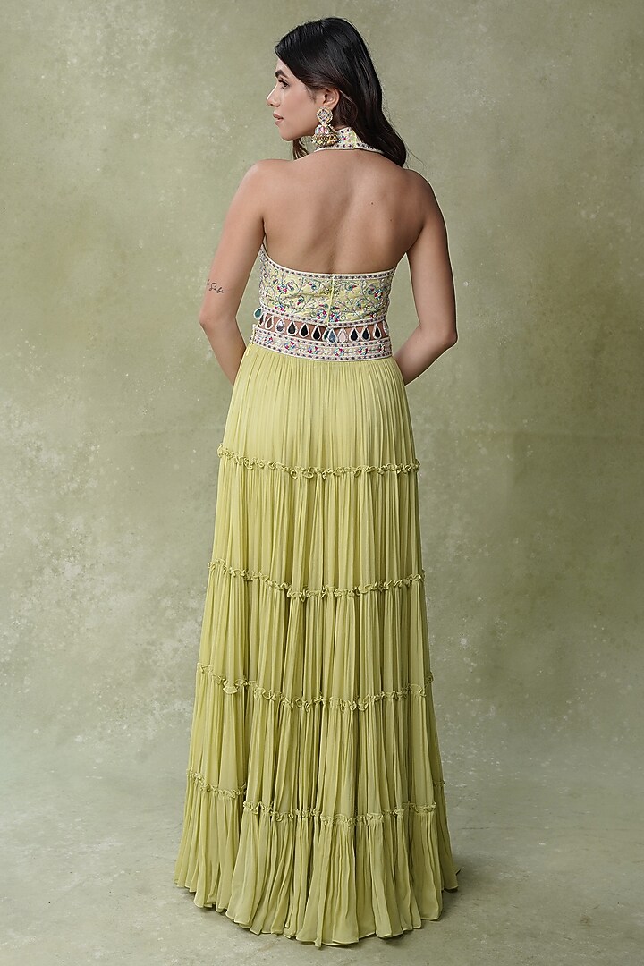 Lemon Yellow Raw Silk Cape Tiered Wedding Lehenga Set by AMRIN KHAN at Pernia's Pop Up Shop