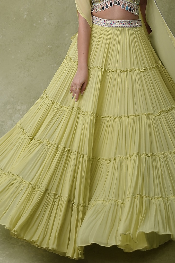 Lemon Yellow Raw Silk Cape Tiered Wedding Lehenga Set by AMRIN KHAN at Pernia's Pop Up Shop