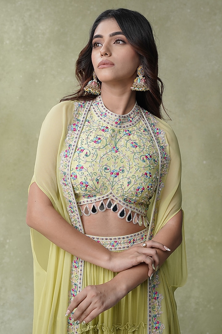 Lemon Yellow Raw Silk Cape Tiered Wedding Lehenga Set by AMRIN KHAN at Pernia's Pop Up Shop