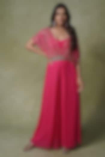 Hot Pink Georgette Cutdana Embroidered Draped Jumpsuit by AMRIN KHAN at Pernia's Pop Up Shop