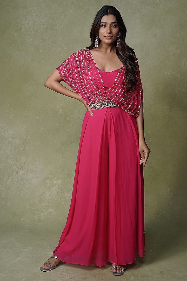 Hot Pink Georgette Cutdana Embroidered Draped Jumpsuit by AMRIN KHAN at Pernia's Pop Up Shop