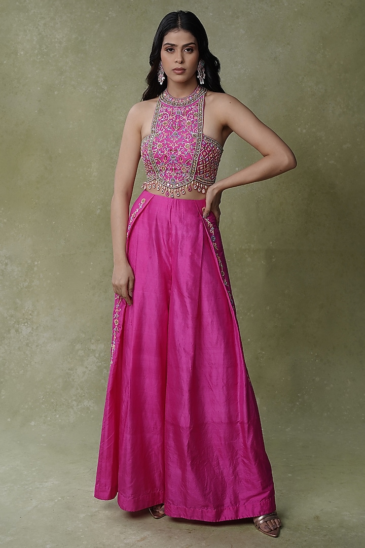 Fuchsia Pink Dupion Box-Pleated Pant Set by AMRIN KHAN at Pernia's Pop Up Shop
