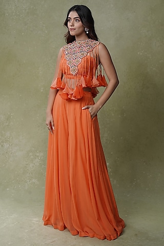 Bright Orange Georgette Palazzo Pant Set by AMRIN KHAN