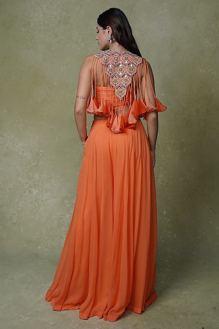 Bright Orange Georgette Palazzo Pant Set by AMRIN KHAN at Pernia's Pop Up Shop