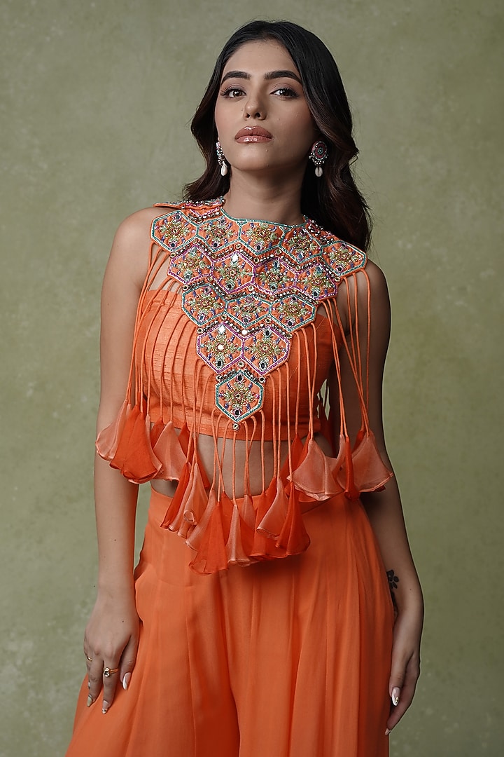 Bright Orange Georgette Palazzo Pant Set by AMRIN KHAN at Pernia's Pop Up Shop