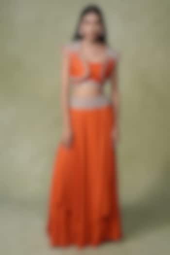 Orange Georgette & Raw Silk Skirt Set by AMRIN KHAN at Pernia's Pop Up Shop