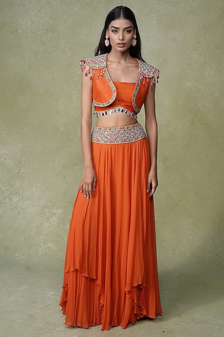 Orange Georgette & Raw Silk Skirt Set by AMRIN KHAN at Pernia's Pop Up Shop