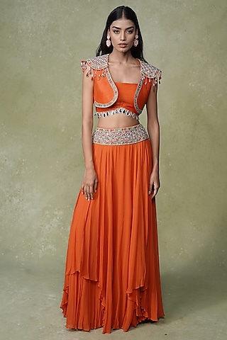 Orange Georgette & Raw Silk Skirt Set by AMRIN KHAN