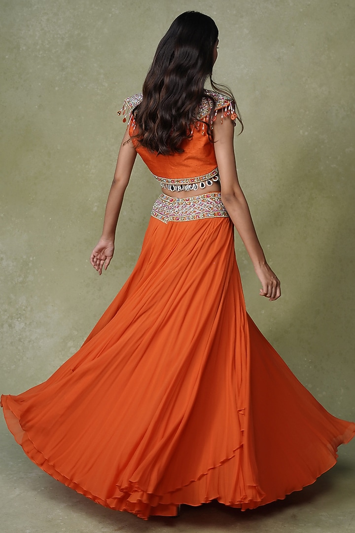 Orange Georgette & Raw Silk Skirt Set by AMRIN KHAN at Pernia's Pop Up Shop