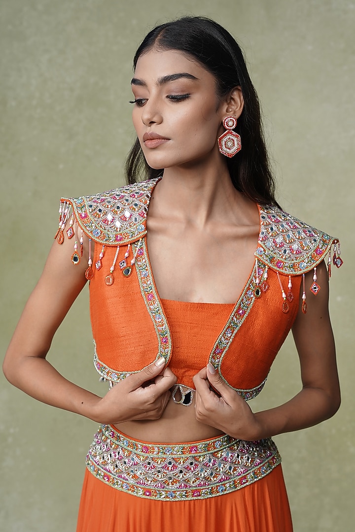 Orange Georgette & Raw Silk Skirt Set by AMRIN KHAN at Pernia's Pop Up Shop