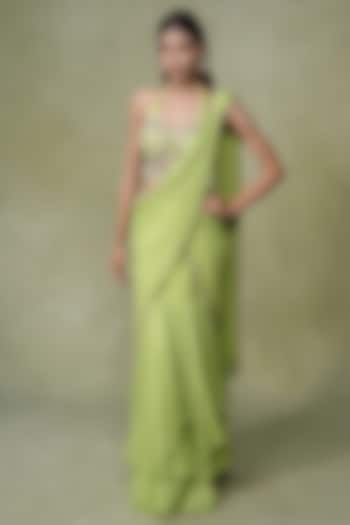 Lime Green Georgette Tiered Pre-Draped Wedding Saree Set by AMRIN KHAN at Pernia's Pop Up Shop