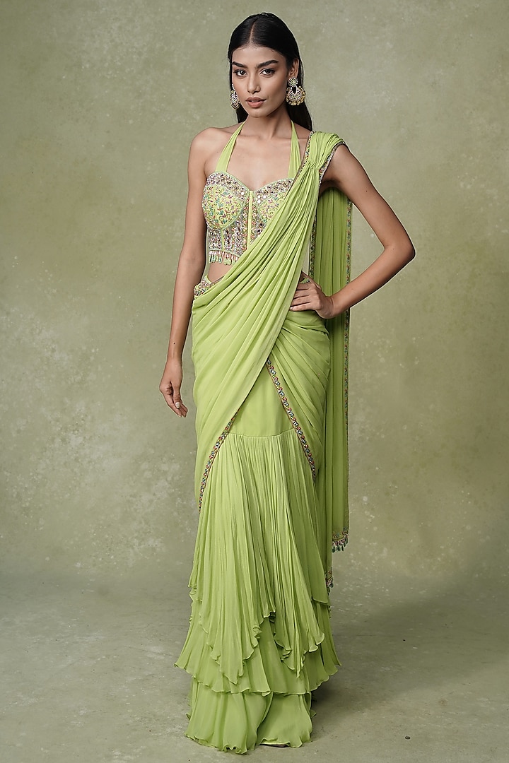 Lime Green Georgette Tiered Pre-Draped Wedding Saree Set by AMRIN KHAN at Pernia's Pop Up Shop