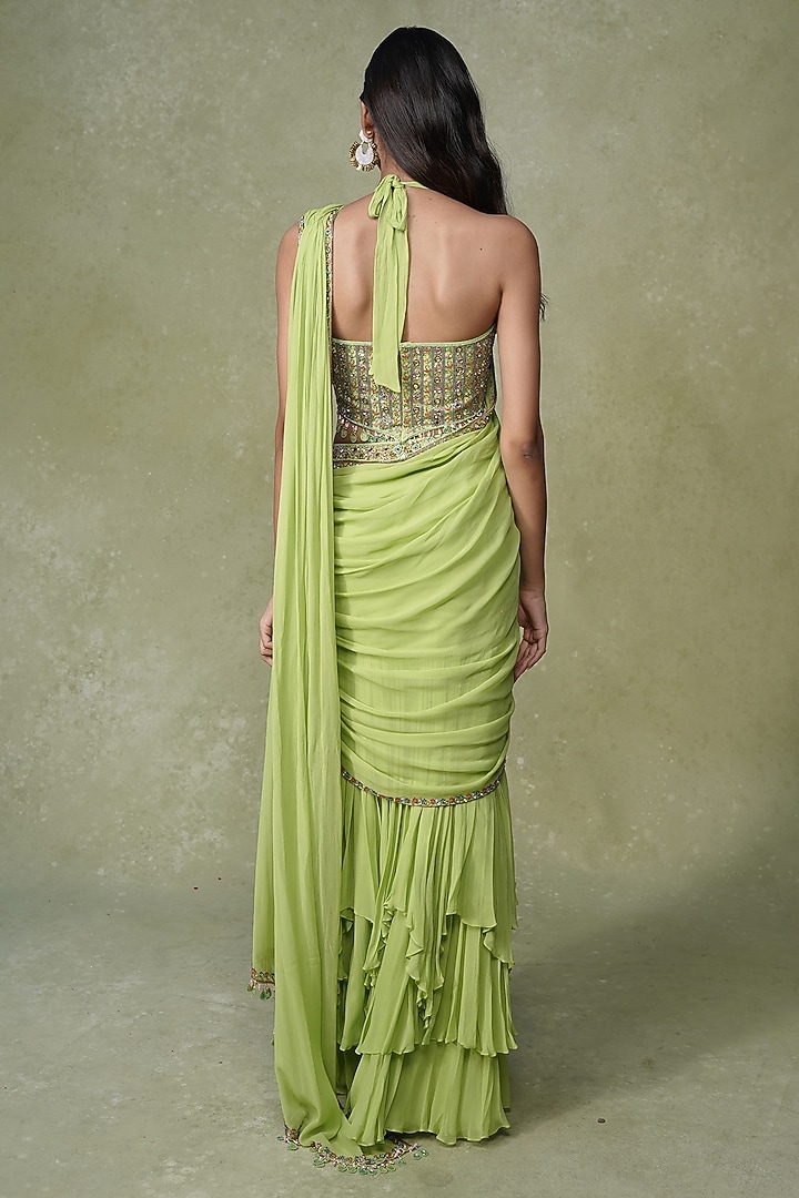 Lime Green Georgette Tiered Pre-Draped Wedding Saree Set by AMRIN KHAN at Pernia's Pop Up Shop